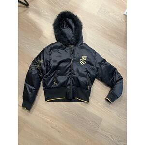 Rocawear Women's Size L Jacket Vintage Y2K Logo Embroidered Cropped Hooded Fur